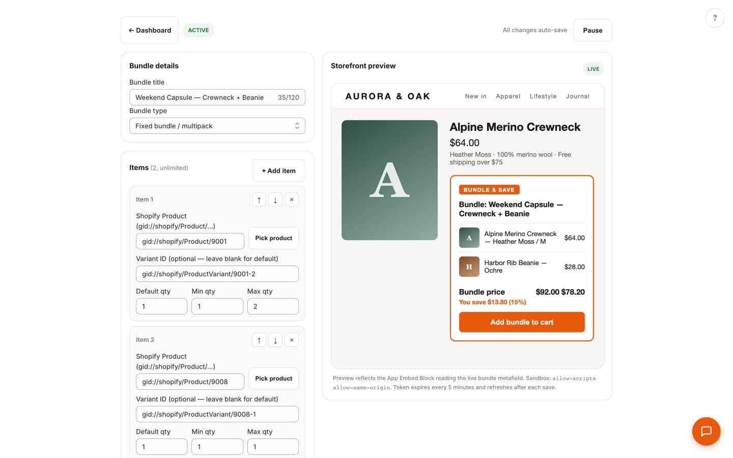 Two-pane bundle editor with bundle details and items on the left and a live theme-accurate storefront preview showing the bundle widget with savings on the right
