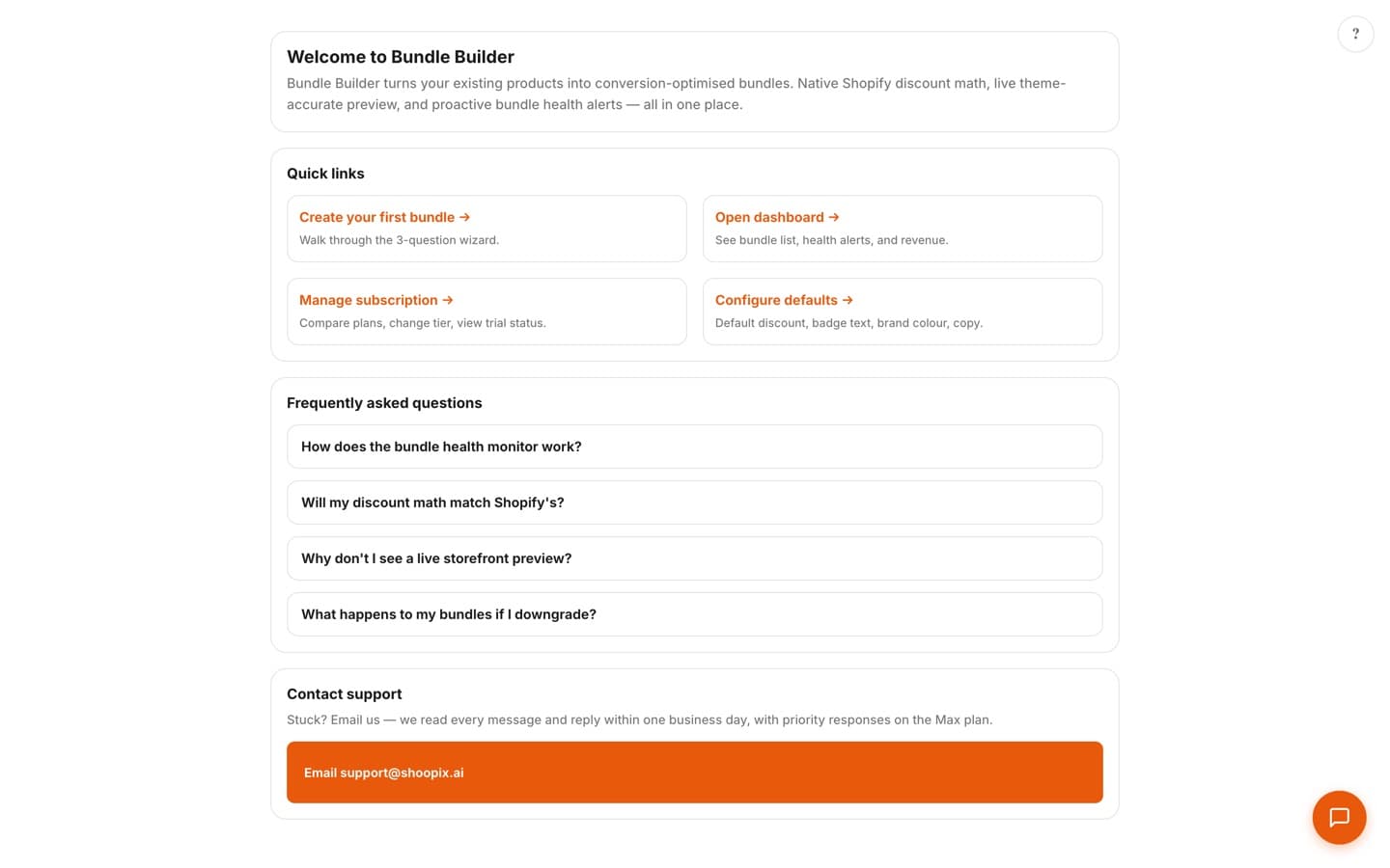 In-app welcome guide with quick links, frequently asked questions, and contact support