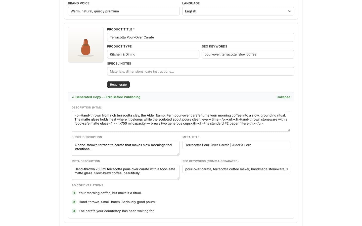Copy Generation step with brand voice and language settings, a generated SEO description, meta title and description, keywords, and three ad copy variations