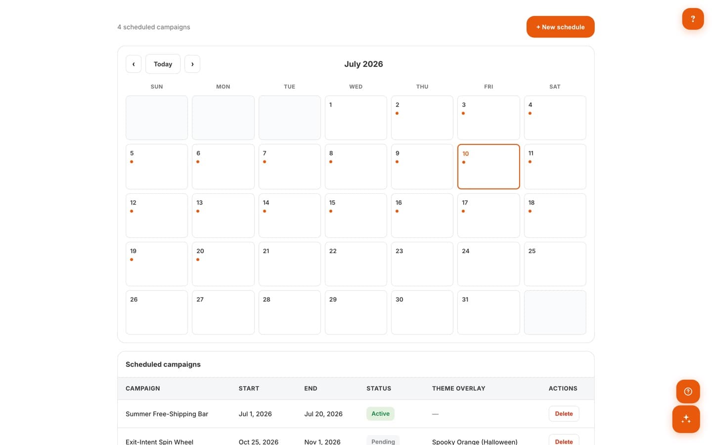 Schedule page with a monthly calendar of campaigns and a scheduled campaigns table including a Halloween theme overlay