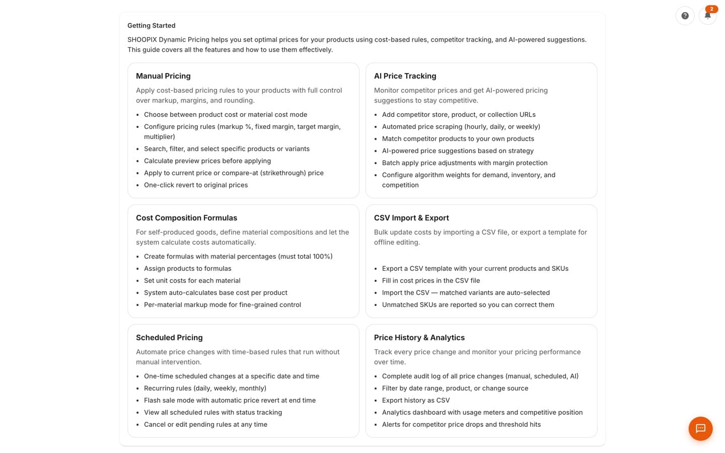 In-app Getting Started guide covering manual pricing, AI tracking, cost formulas, CSV import, scheduling, and history