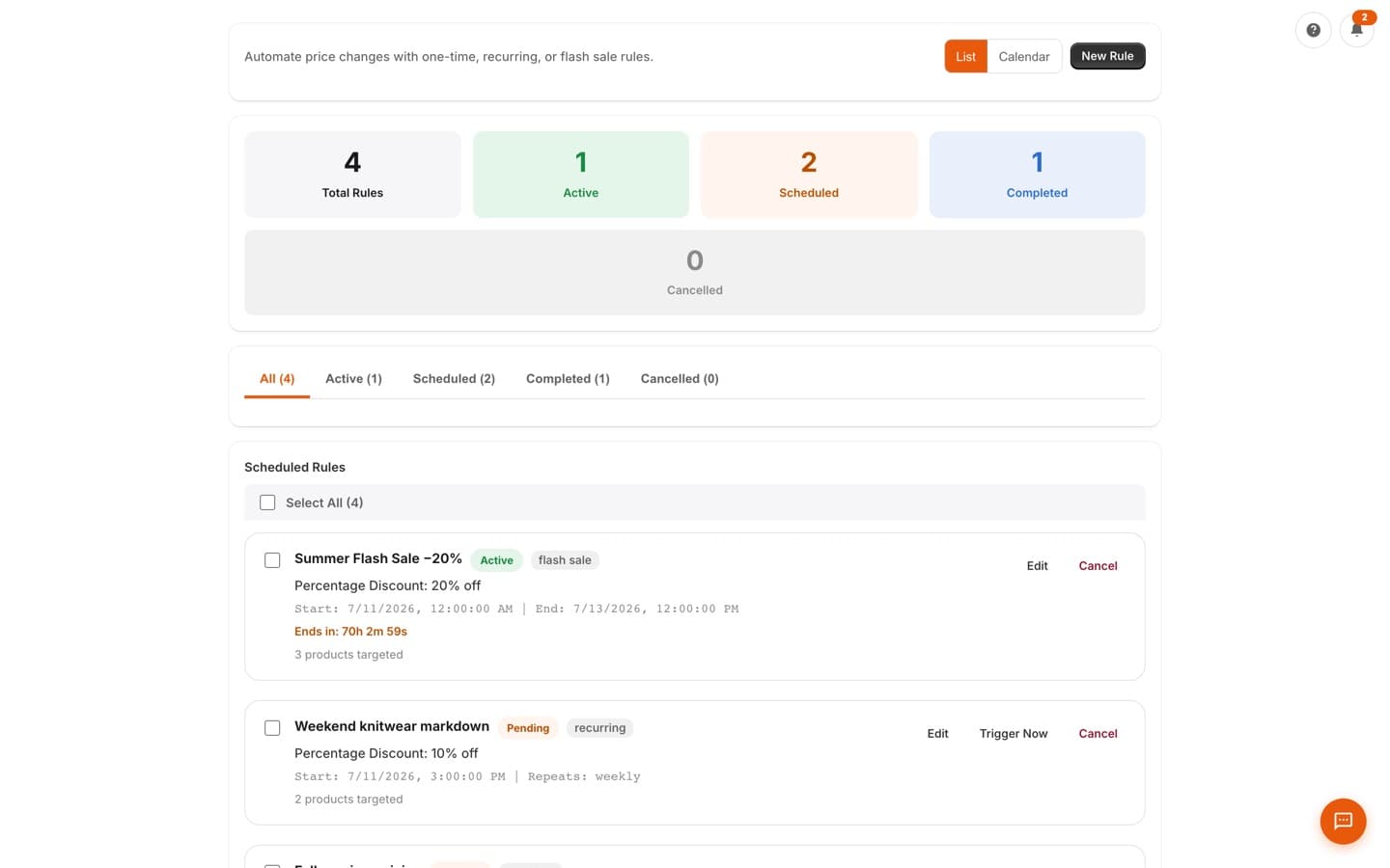 Scheduling page with a calendar timeline of upcoming and recurring pricing rules