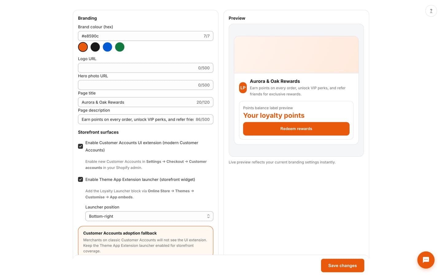 Branding page with brand color, logo, hero photo, and page copy fields, storefront surface toggles, and a live loyalty hub preview