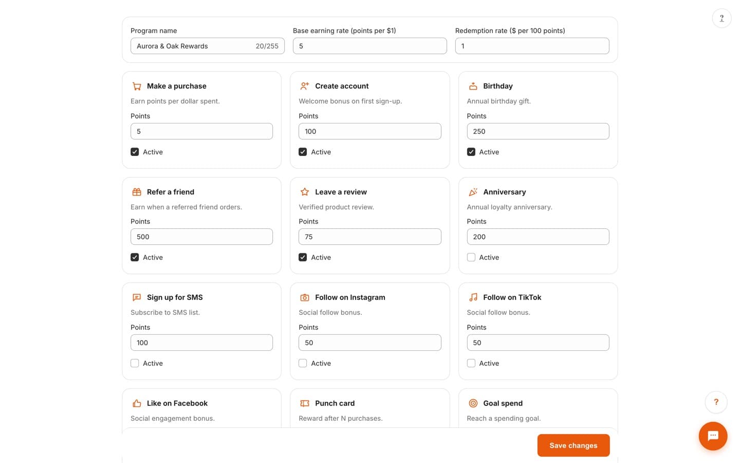 Points program page with base earning rate, redemption rate, and earn-rule cards for purchases, sign-ups, birthdays, referrals, reviews, and social follows