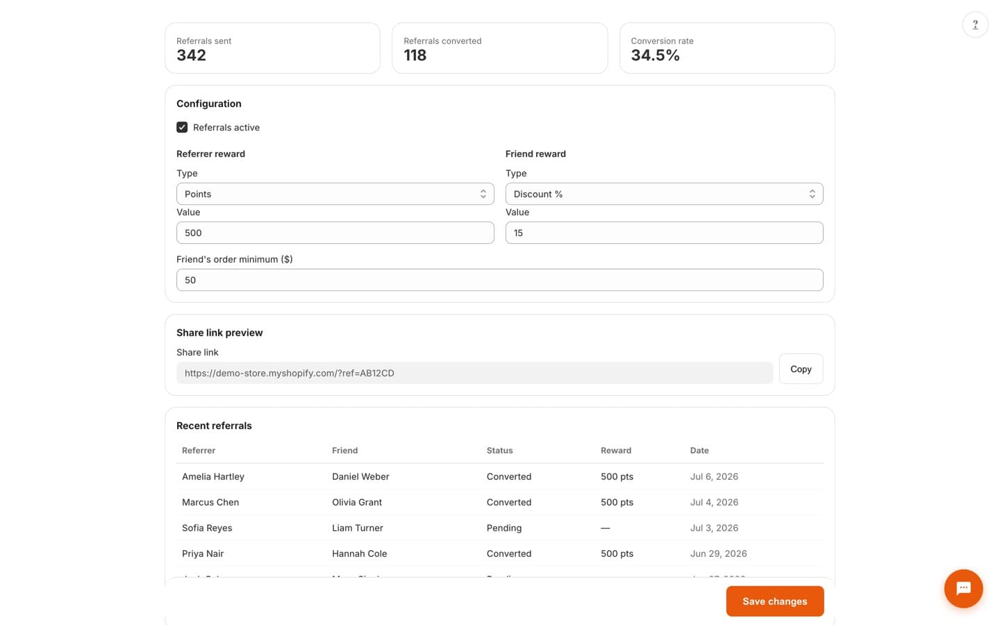 Referrals page with referrer and friend reward configuration, friend order minimum, share-link preview, and a recent referrals table