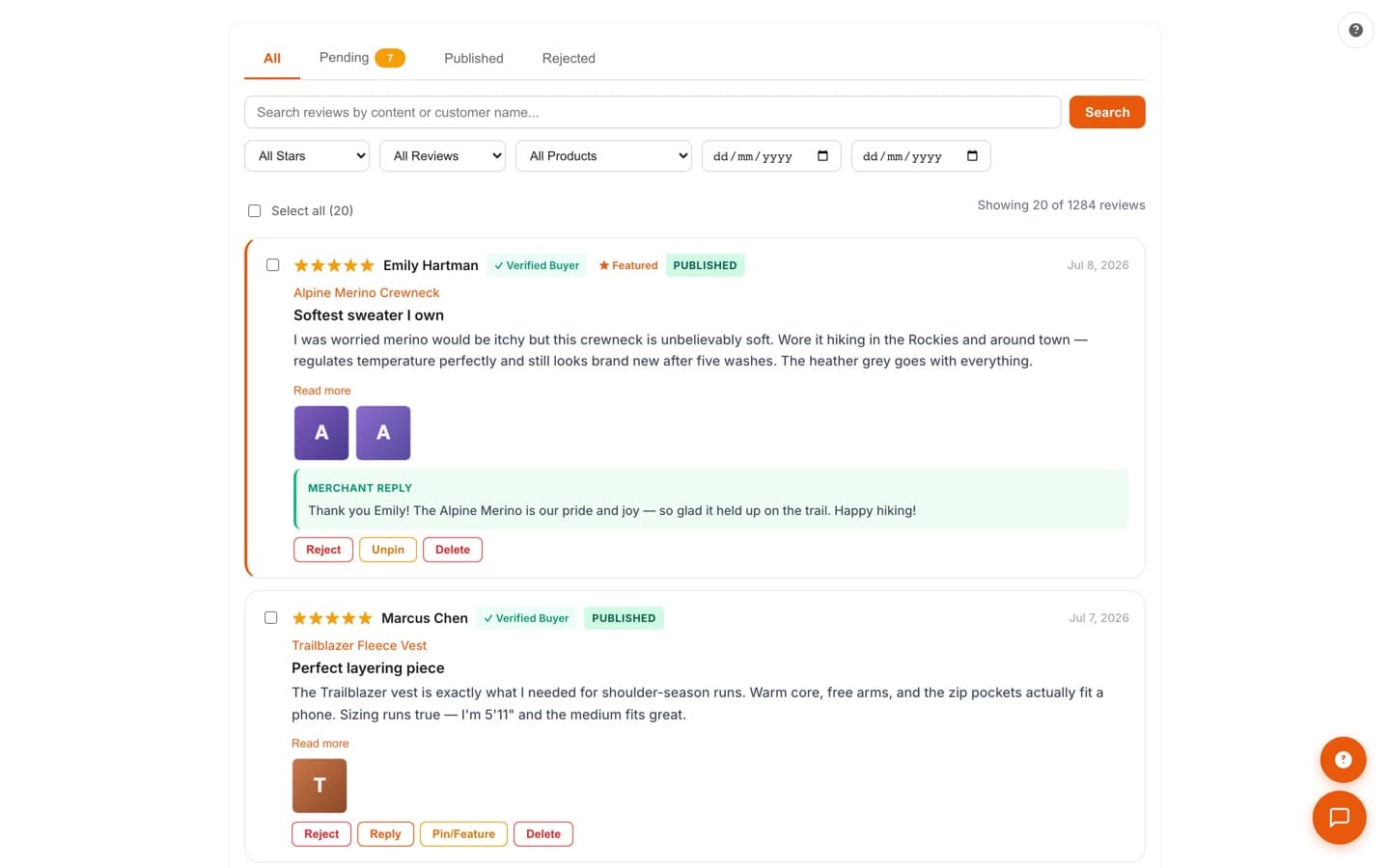 Review moderation queue with pending, published, and rejected tabs, verified-buyer badges, a merchant reply, and bulk actions