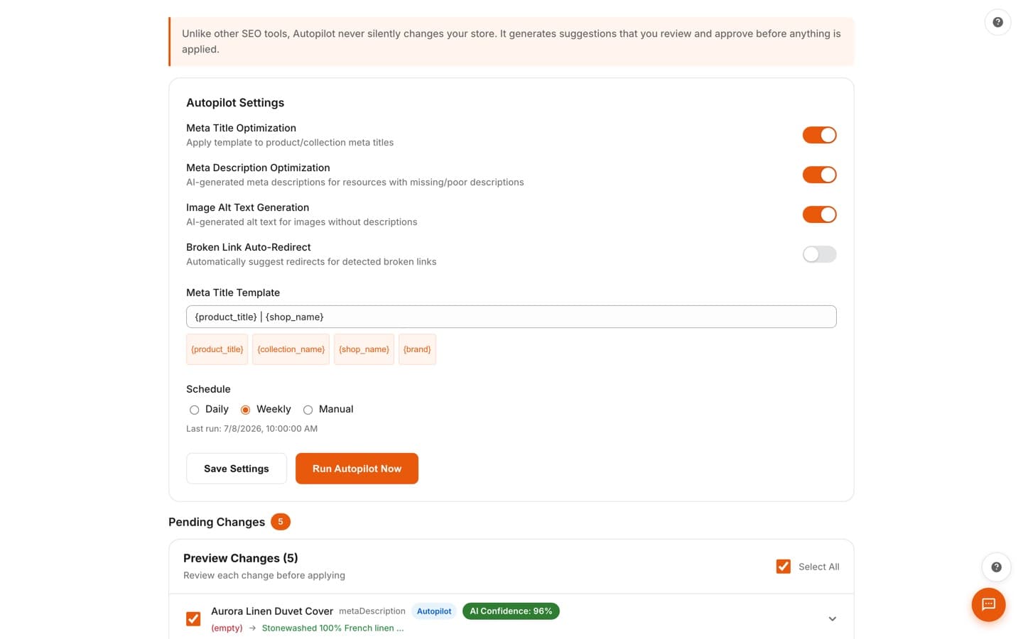Autopilot settings with optimization toggles, a schedule, and pending changes awaiting review with AI confidence scores