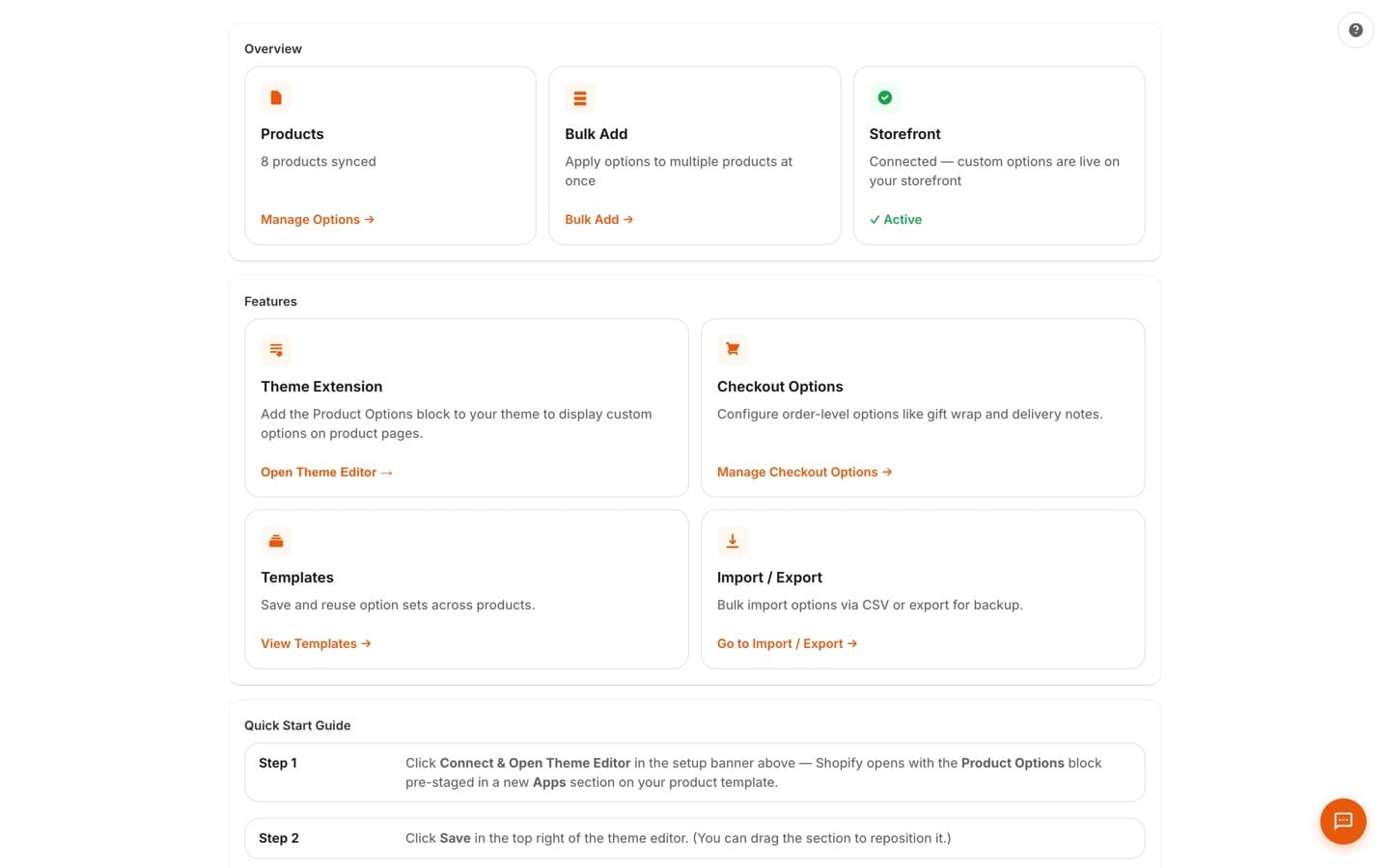 Dashboard with setup status cards for products synced, bulk add, storefront connection, theme extension, checkout options, templates, and import/export