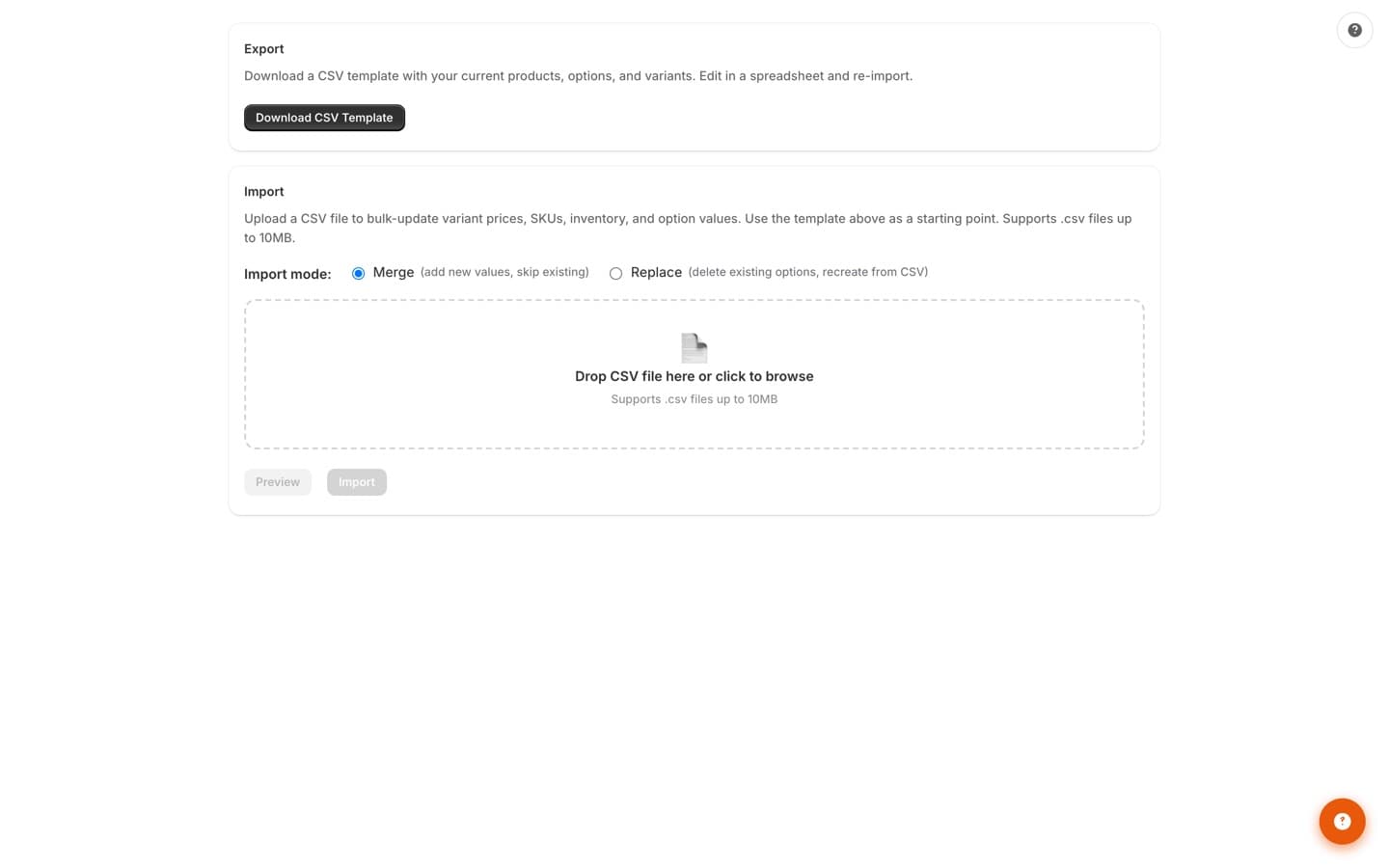 Import/Export page with CSV template download, merge or replace import modes, and drag-and-drop CSV upload