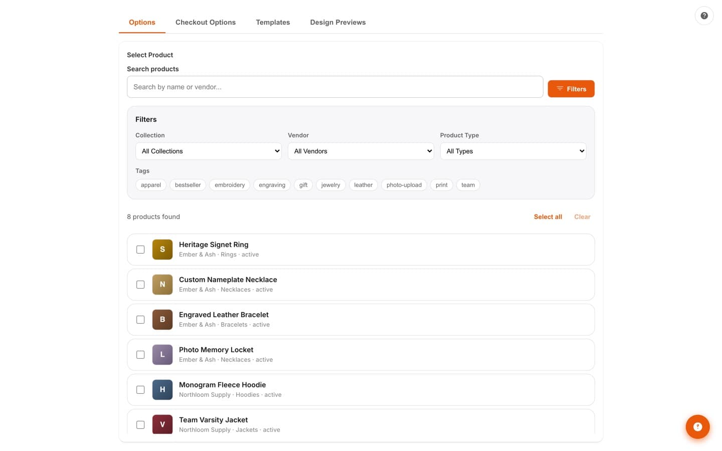 Options manager with product search, collection, vendor, type, and tag filters across the store's products